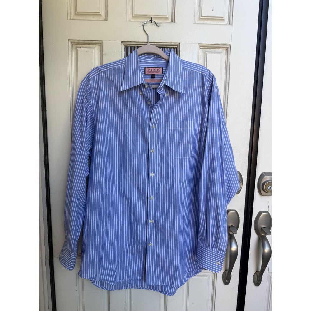 Thomas Pink Jermyn Street London Traveller Blue Striped Shirt Size XL 17-35